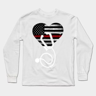 American Flag Heart Firemen Thin Red Line Nurse Long Sleeve T-Shirt